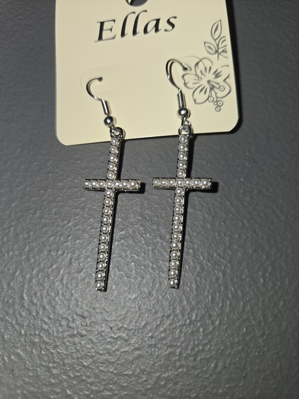 Ella Silver Cross Dangle Earrings with White Bead Accents